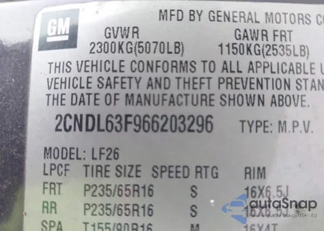 2006 Chevrolet Equinox Lt из США, поврежденный, VIN 2CNDL63F966203296